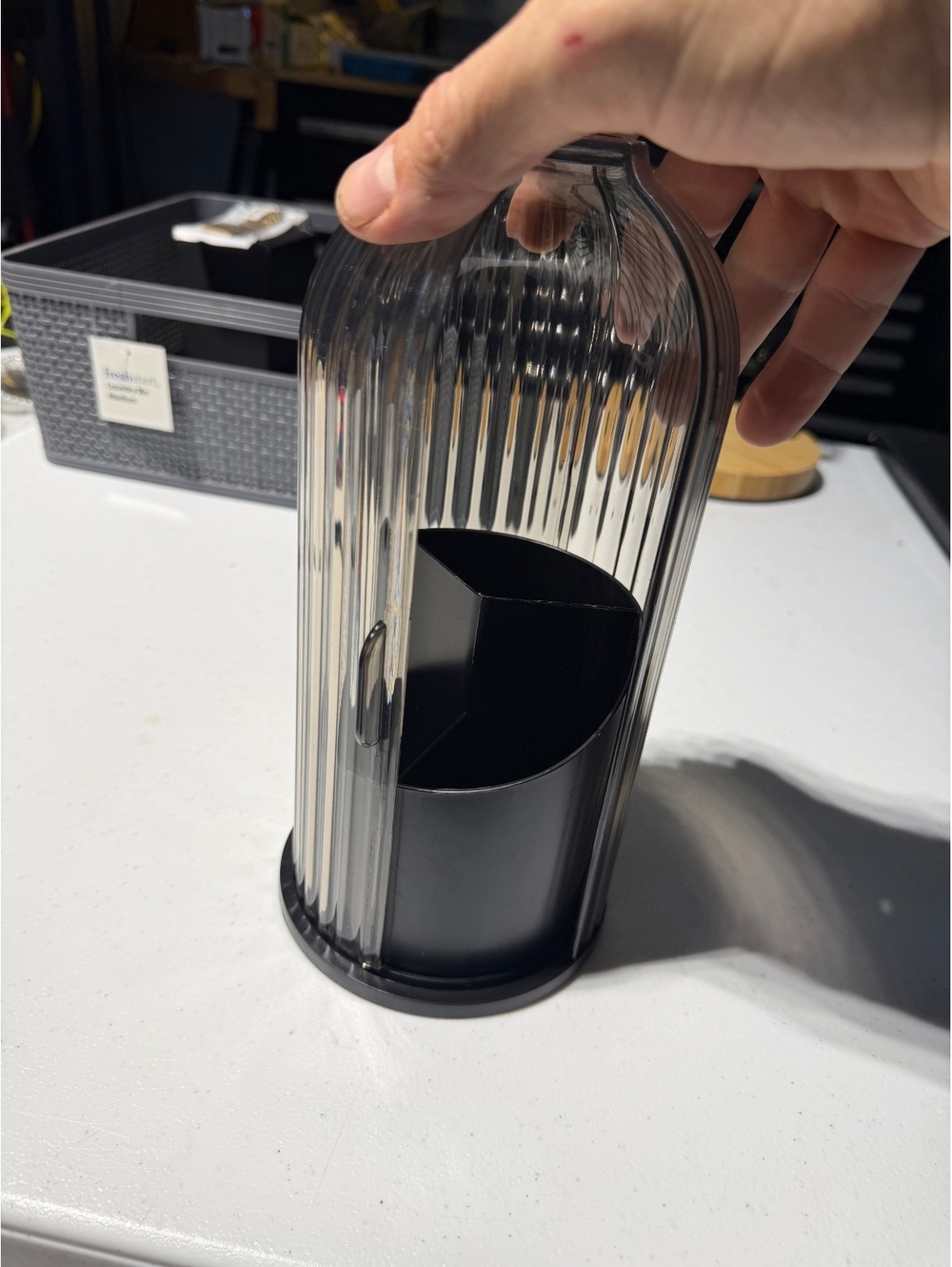 Black Ribbed Glass Vase With Metal Insert - Picture 3 of 4